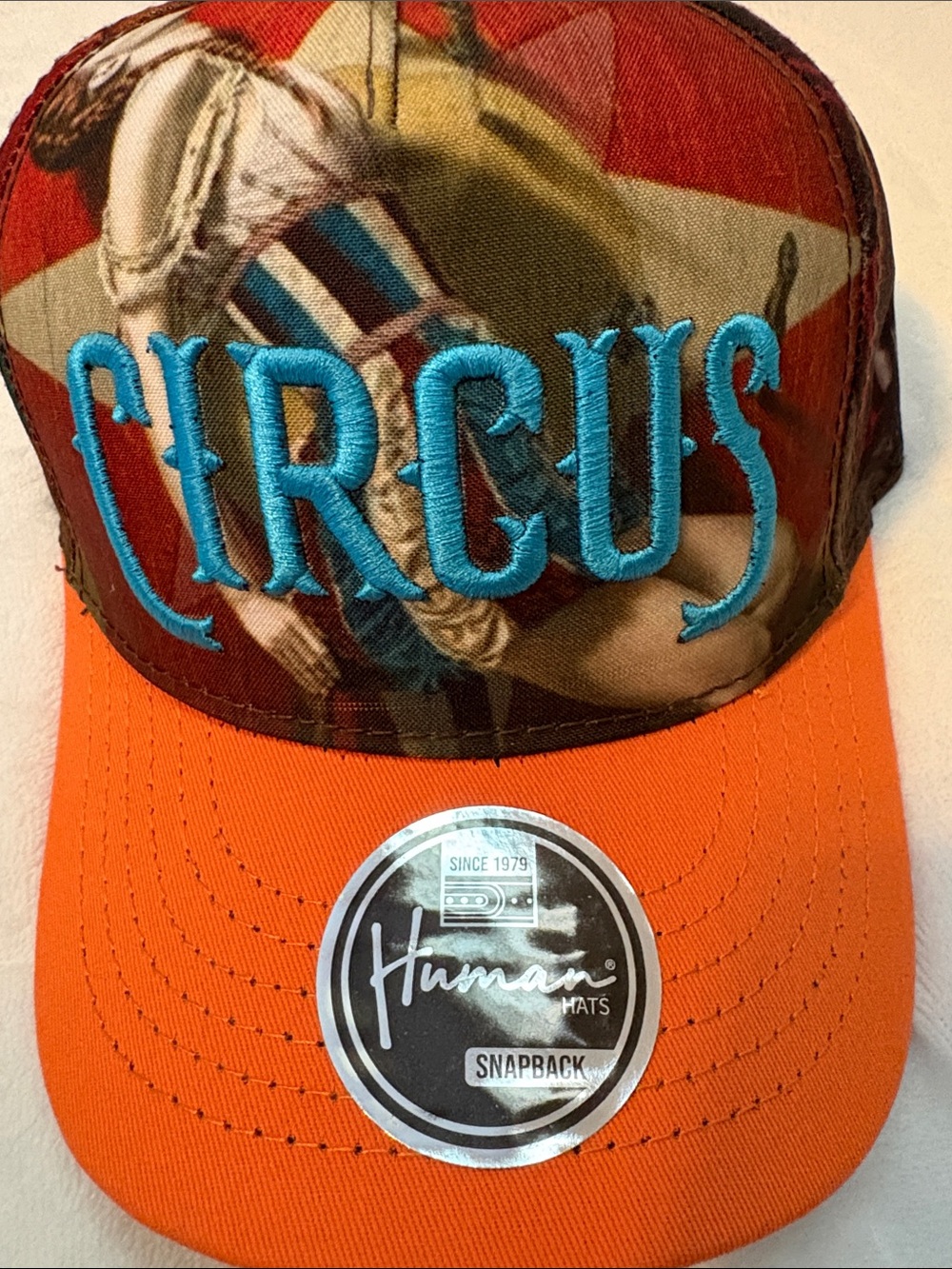 Circus Embroidered Trucker Snapback Hat - Orange & Teal